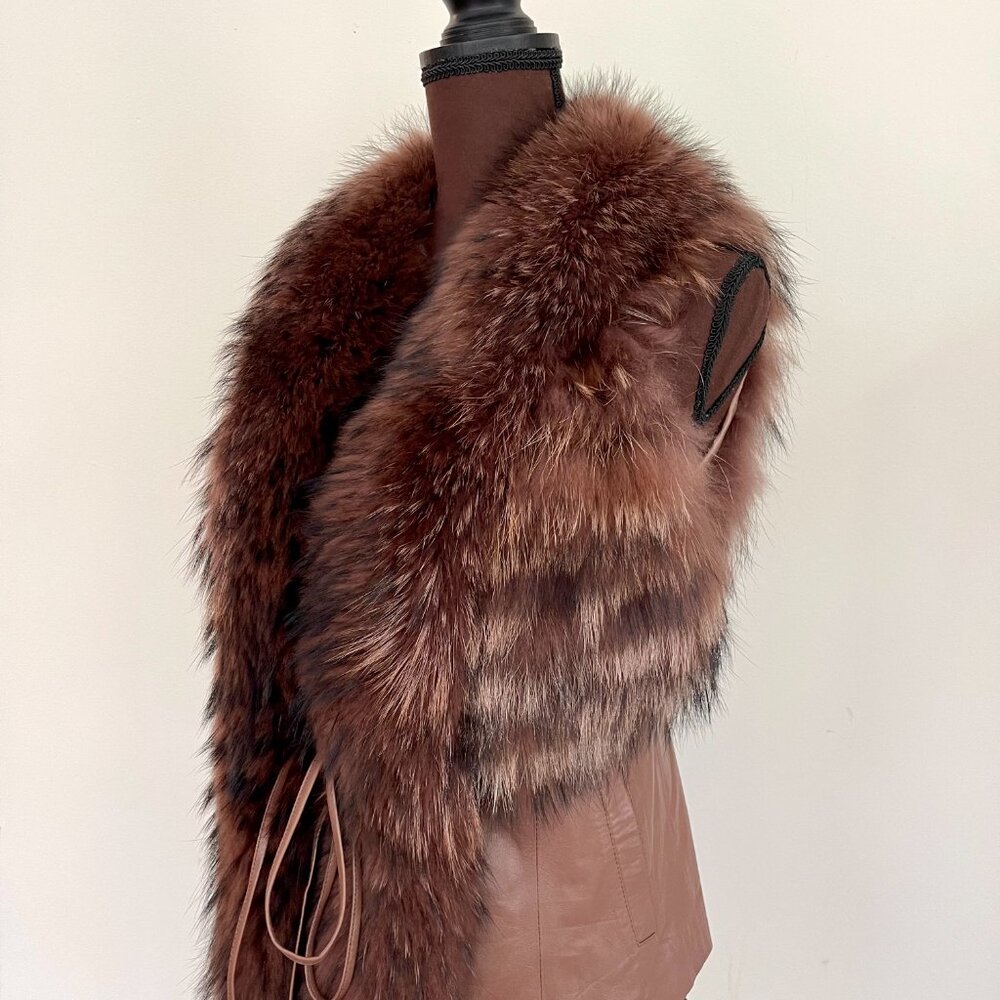 New Real Fox Fur Brown Leather Vest XS - Picture 4 of 10